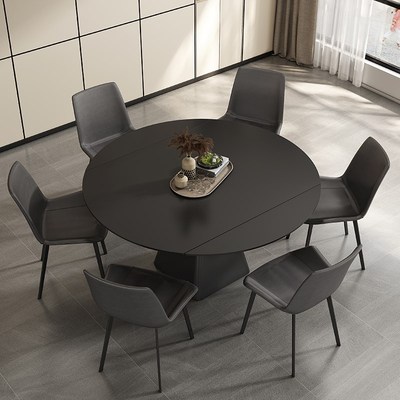 黑色岩板餐桌可变圆桌简约现代家用小户型方圆两用旋转伸缩变形桌