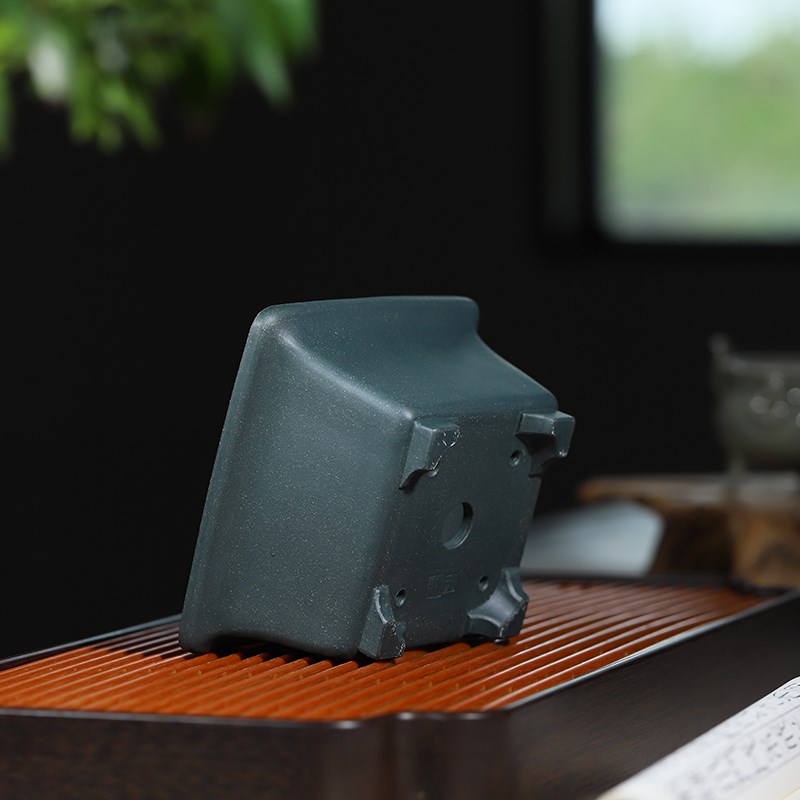 尚扣紫砂 原矿墨绿泥平口四方盆 手工桌面小桩盆景盆室内绿植花盆