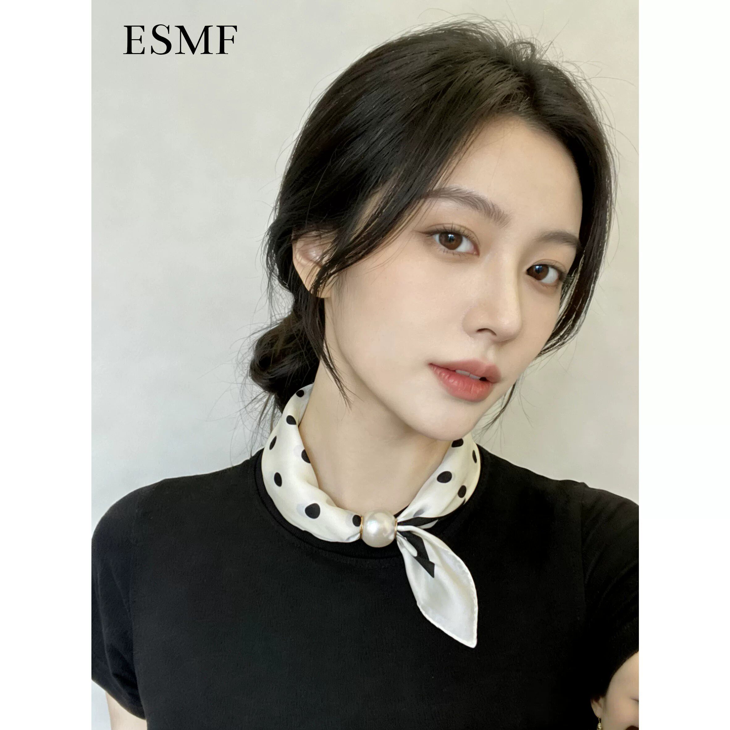 ESMF2026新款冰丝缎贝珠磁扣丝巾女时尚百搭护颈夏季旅行拍照围巾