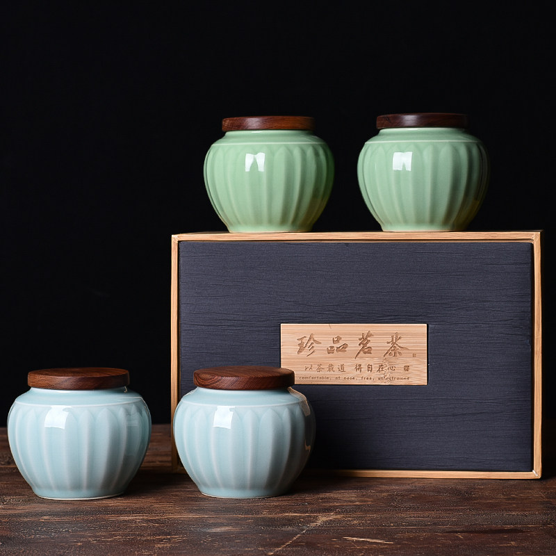 青瓷家用茶具密封储存木盖莲瓣茶叶罐陶瓷高档礼品茶仓包装礼盒