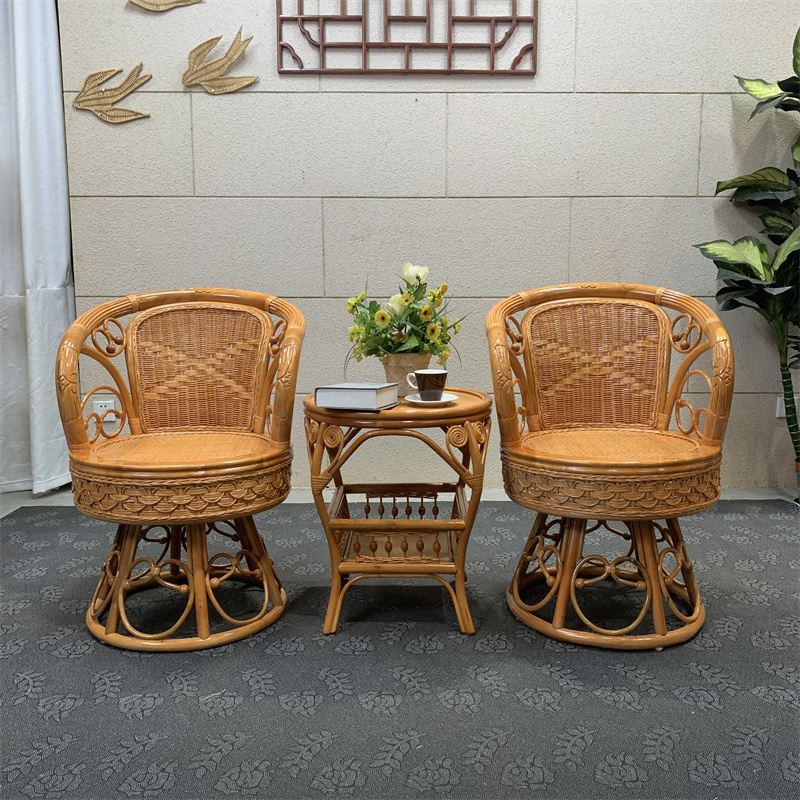 天然真藤椅三件套休闲茶桌椅单人久坐舒服家用藤编旋转阳台小椅子