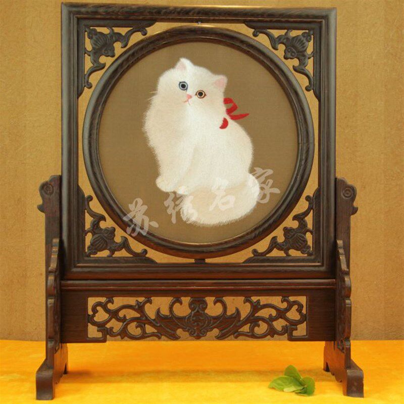 苏绣名家特色手工精品双面绣刺绣摆件台屏公司高端商会务婚庆礼猫