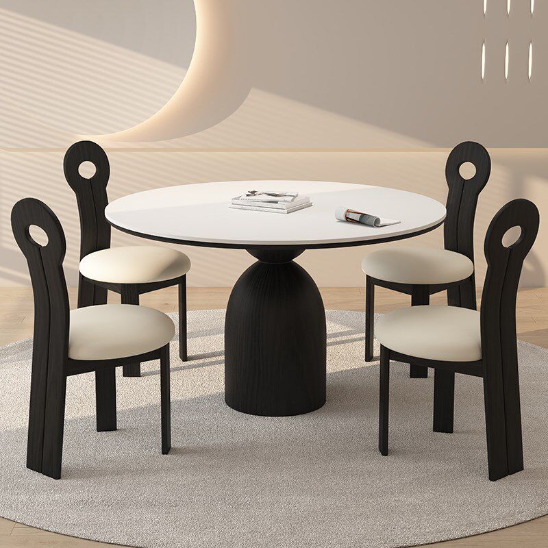 德利丰实木岩板餐桌圆形家用小户型侘寂中古风高端全托吃饭圆桌子