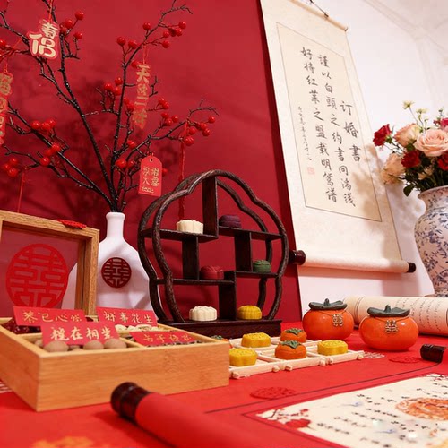 新中式结婚宴装饰摆件订婚摆台订婚摆件中国风喜饼摆台布置竹制品