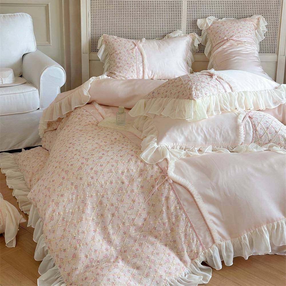 夏季冰丝凉感天丝四件套温柔小碎花刺绣花边被套公主风床品