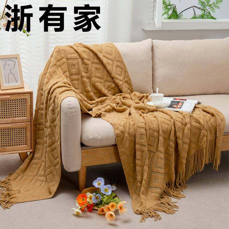 39001毛圈菱形休闲毯四季针织线毯民宿床位搭毯酒店床毯几何毯子