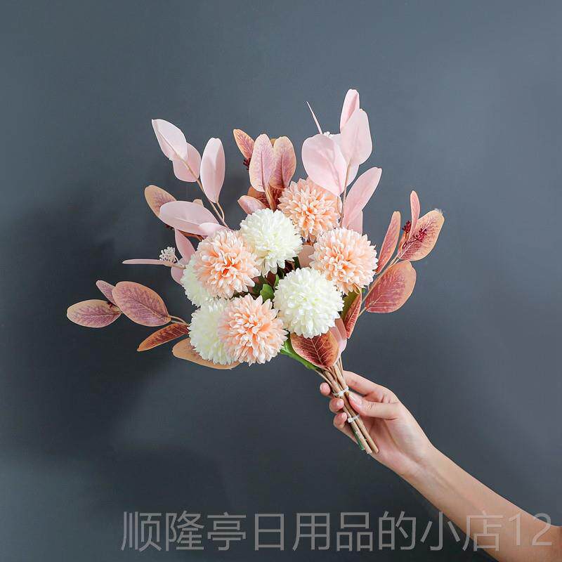 高档瓶地中桌海简美面陶瓷花桉蓝白色仿真花艺尤加利树叶绣球套装
