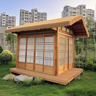 茅草木屋网红款庭院茶室室外小院实木禅房防腐木凉亭景观茅草屋子