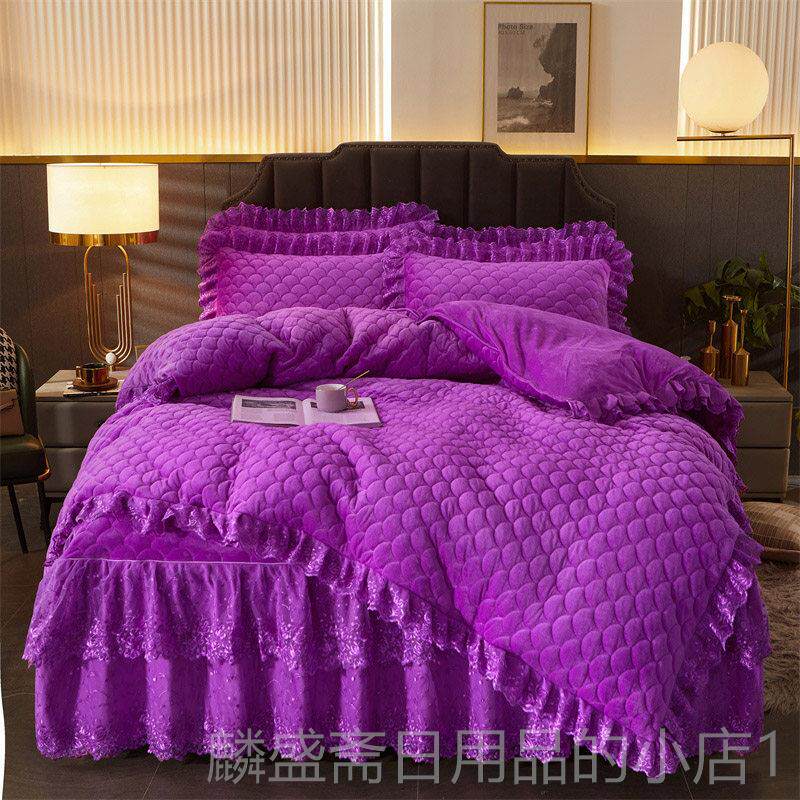 正品厚加绒法兰绒床四件套红大色婚庆珊瑚绒裙床罩款被套保加暖水