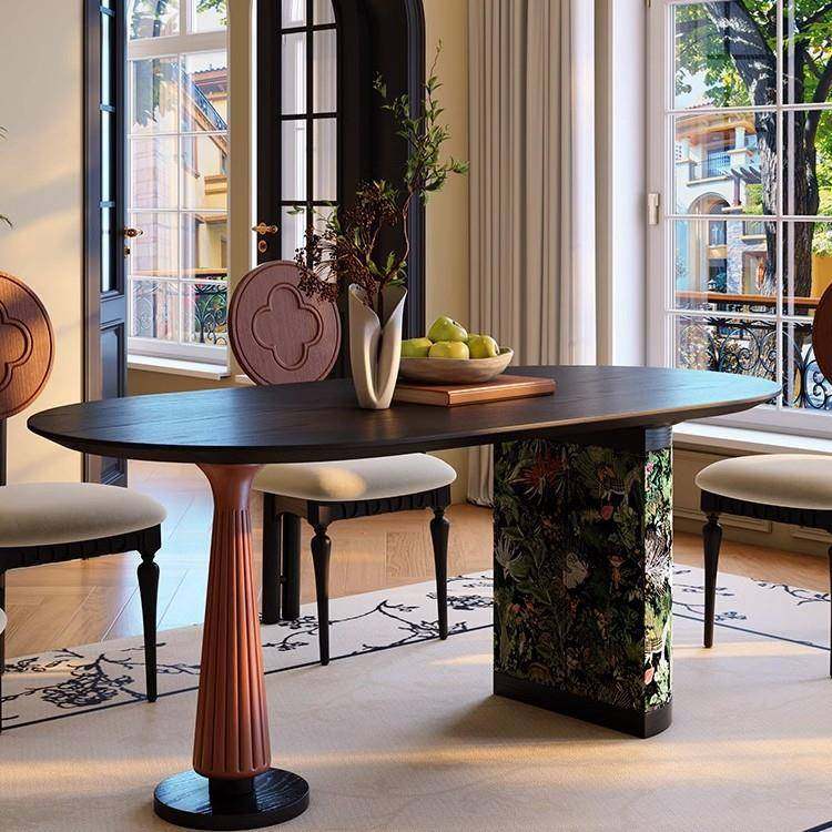 乐树家具法式复古实木餐桌椅组合小户型客厅饭桌中古风椭圆形餐桌