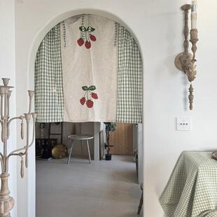 安妮草莓园棉麻系带绿格子半帘窗帘门帘遮挡帘免打孔粘贴帘