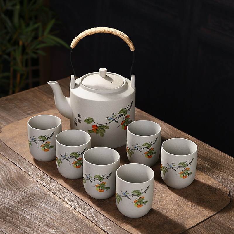 粗陶提梁壶茶具套装现代简约大茶杯泡茶壶整套带过滤网餐厅家用壶