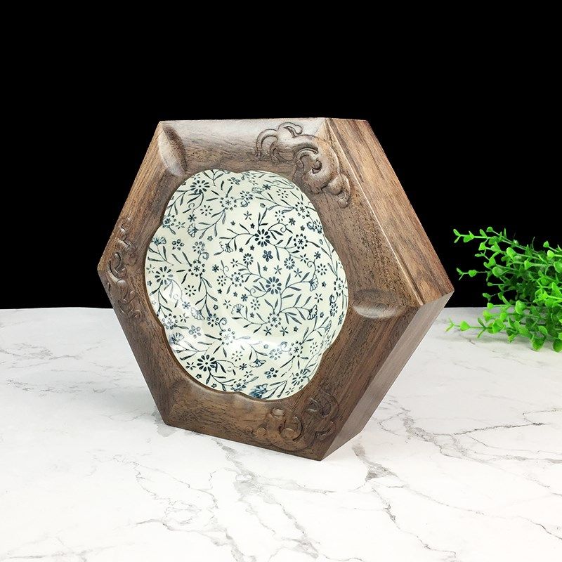 实木烟灰缸青花瓷烟灰缸红木烟灰缸大号中式烟灰缸小号复古烟灰缸