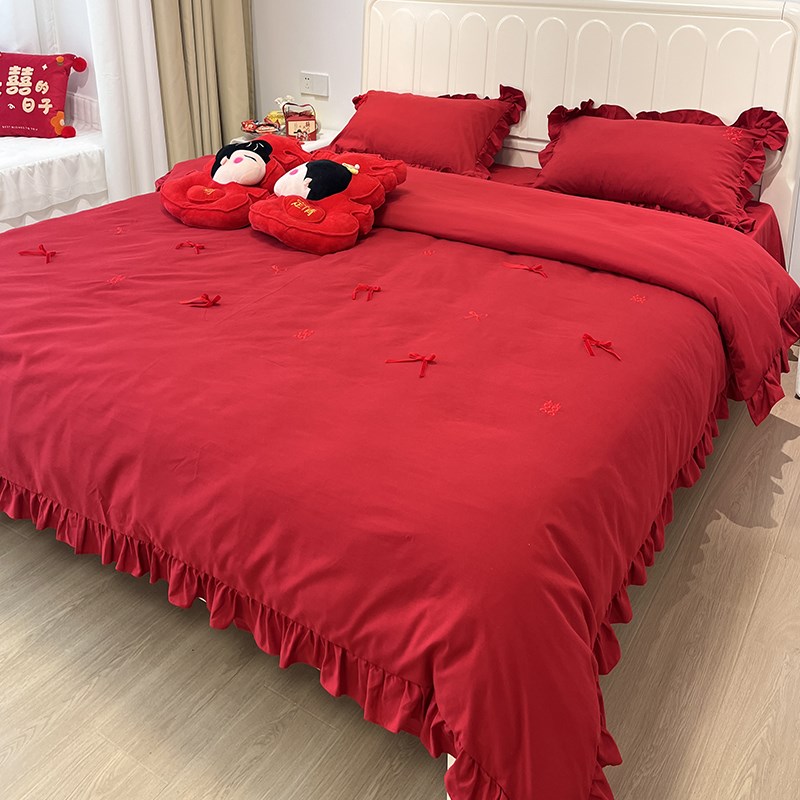 少女心红色浪漫蝴蝶结四件水洗棉花边被公主风床单2m床上用品