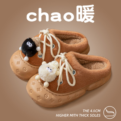 毛球棉拖鞋女士秋冬季2024新款可爱包跟防滑毛绒月子鞋冬季拖鞋