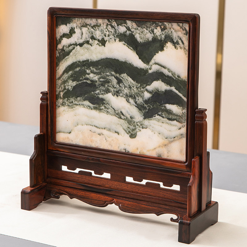 红木台屏实木中堂摆件办公室插屏大红酸枝木嵌大理石复古中式屏风