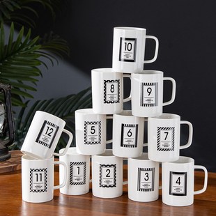 客厅陶瓷水杯套配实木架数字区分水杯相框图案装耐用高温茶壶办公