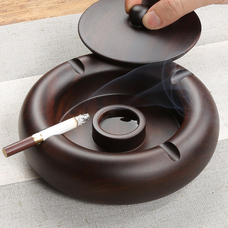 黑檀实木烟灰缸创意个性潮流客厅家用带盖防风防飞灰烟灰盅烟缸