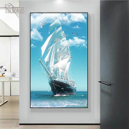 入门玄关一帆风顺海景帆船风景装饰画走廊过道尽头壁画现代墙挂画
