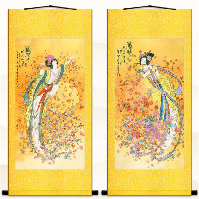 荣华富贵图 天女散花仙女人物卷轴挂画 书房客厅绢布丝绸装饰画