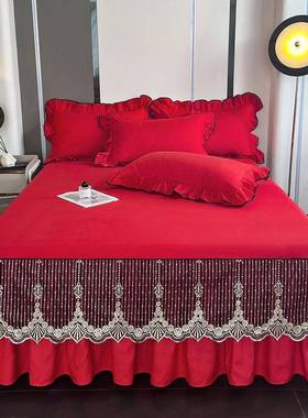 大红色蕾丝床裙单件韩式公主婚庆结婚床套防滑荷叶边1.5m1.8m床罩