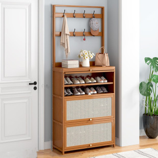 藤编透气翻门鞋柜挂架一体家用门口入户多功能鞋架实木储物收纳柜