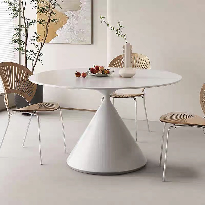 纯白哑光岩板圆形餐桌椅组合小户型家用现代纯黑简约饭桌子奶油风