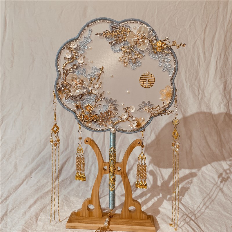 中式婚礼新娘喜扇冰蓝色秀禾服团扇结婚出嫁扇子diy材料包古典