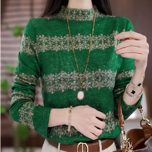 打底圆领打底衫 法式 套头百搭 宽松型长袖 丝巾绿色时尚