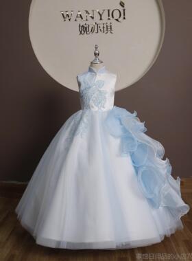 高档简约婉礼琪女童礼服国潮蓝色夏生日古筝无袖季儿童主亦持服演