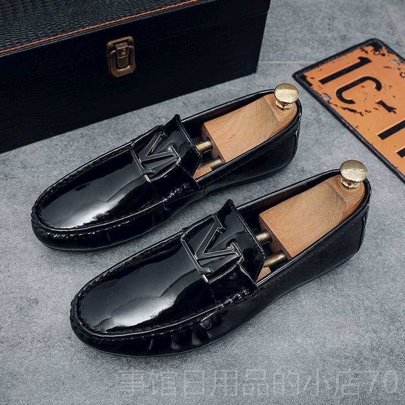 高档春季精个神小豆豆鞋男伙韩版皮性百搭懒人逗逗枪色漆无鞋带皮