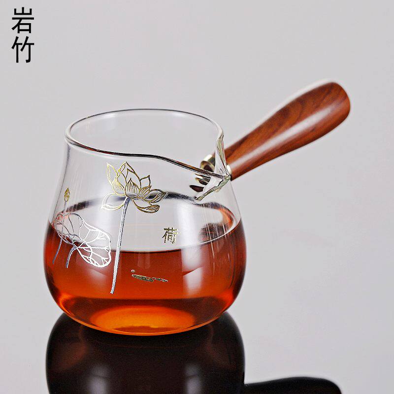 玻璃公道杯高档侧把耐高温加厚分茶器带茶虑大号特色描金公杯