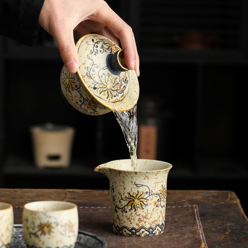 青花火石红三才盖碗家用陶瓷茶杯单个大号高档中式古风带盖泡茶碗