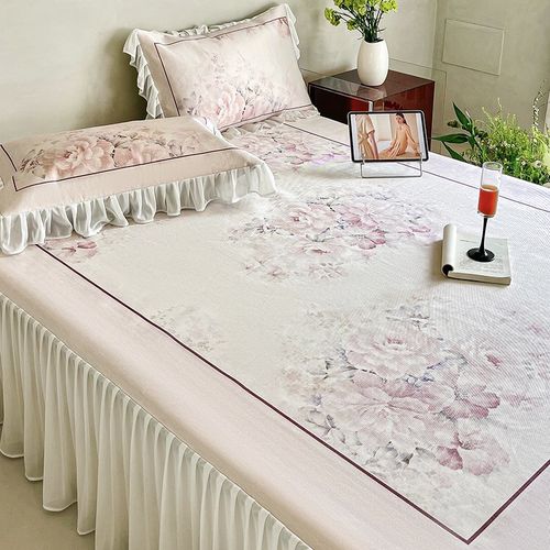 法式夏季冰丝凉席三件套浪漫花卉印花可水洗床裙款1.8m空调软席