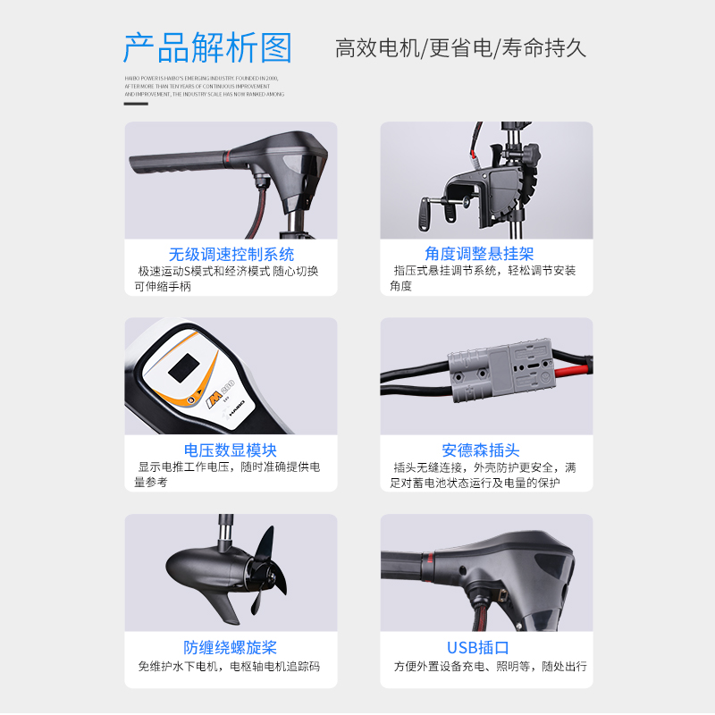 海伯电动船用推进器V无级变速 2V 路亚船外机螺旋桨无刷马达
