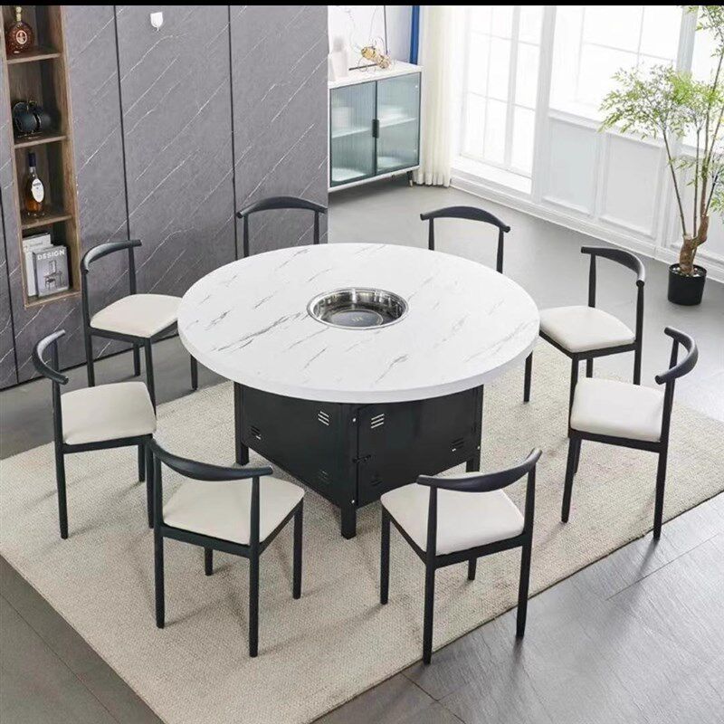 商用餐饮火锅桌仿百大理石桌椅组合韩式燃气灶电磁炉一体折叠桌