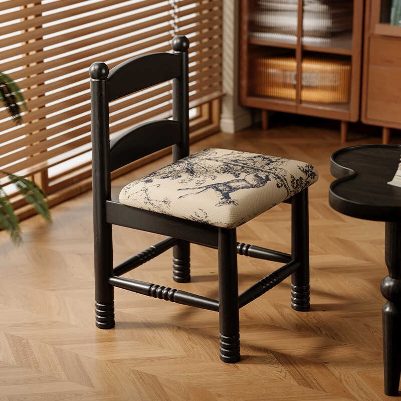中古实木小椅子家用小凳子矮凳客厅儿童软包方凳复古靠背椅小板凳