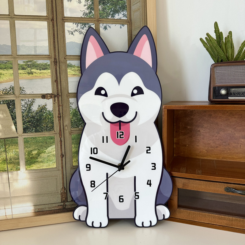卡通创意哈士奇二哈狗狗装饰挂墙钟表客厅儿童房宠物静音时钟挂钟