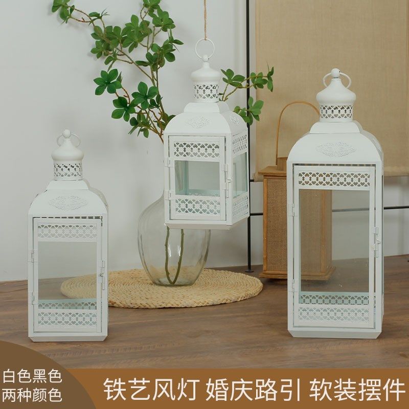 白色花片装饰婚庆烛台路引铁艺防风风灯玻璃蜡烛灯氛围灯摄影道具