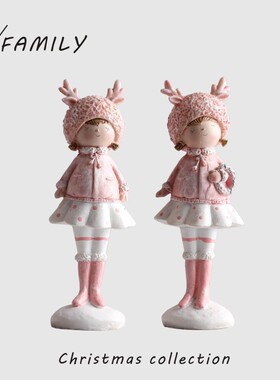 耶诞装饰品桌面摆件粉色树脂麋鹿女孩公仔儿童房节日氛围布置礼品