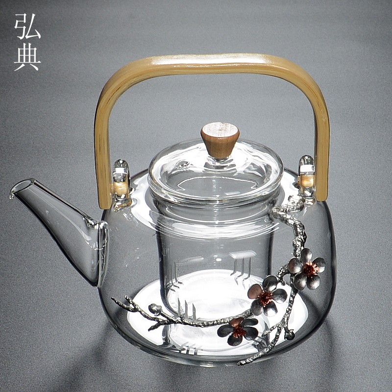 玻璃茶壶耐热加厚可明火加热大号耐高温煮茶壶竹把提梁烧水梅花壶