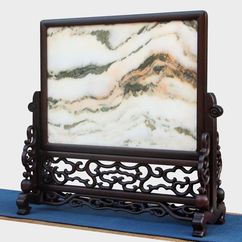 红木屏风大叶紫檀嵌天然大理石中式插屏台屏桌面玄关供桌条案摆件