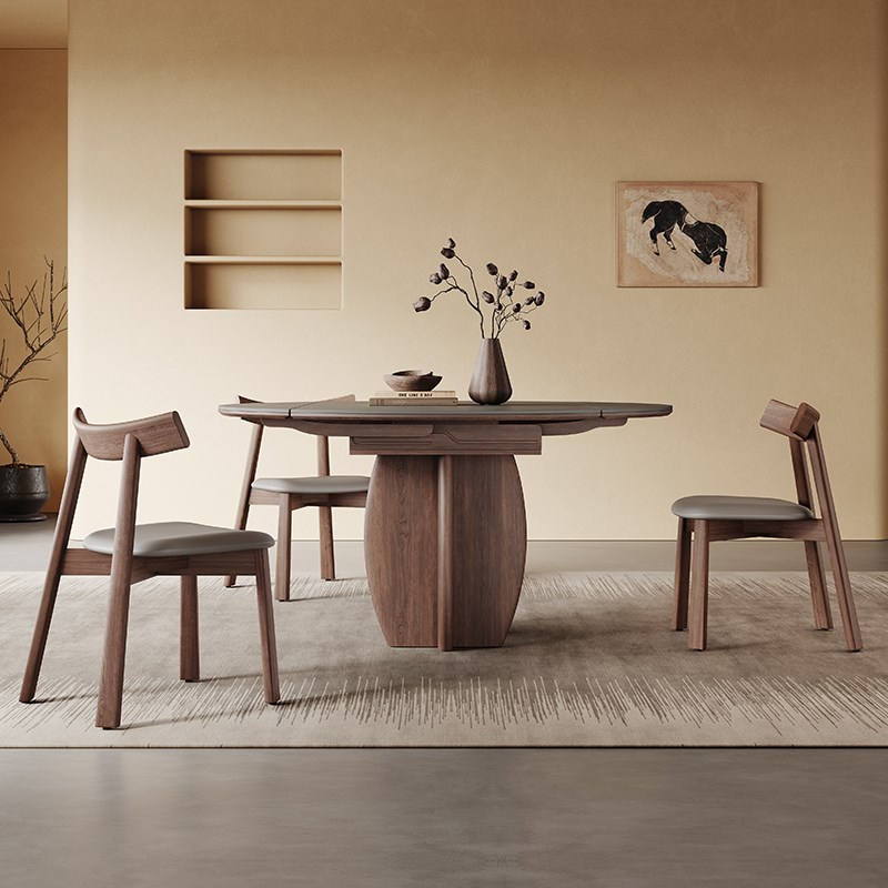 极简岩板餐桌202新款可伸缩圆形全托底板小户型方圆两用实木餐桌