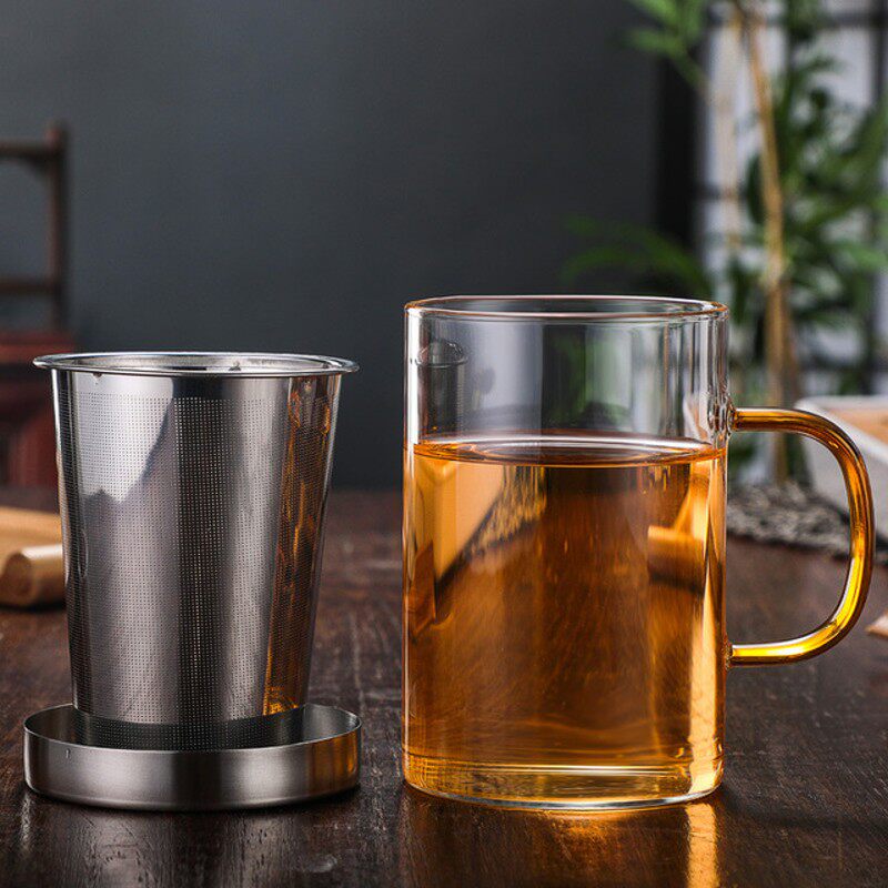 不锈钢过滤玻璃泡茶杯 带把花茶杯透明 耐高温茶水分离杯三件套