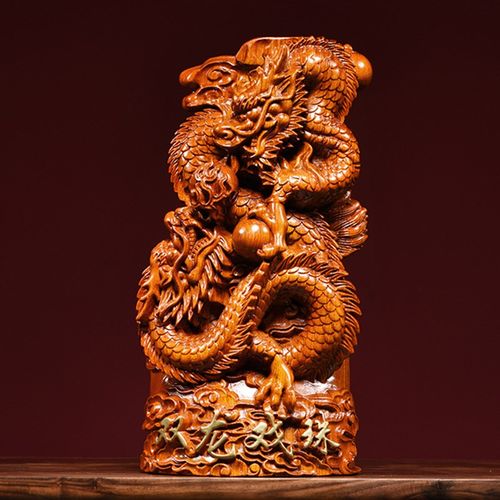 花梨木雕龙摆件实木质双龙戏珠摆设家居玄关办公室装饰工艺品送礼