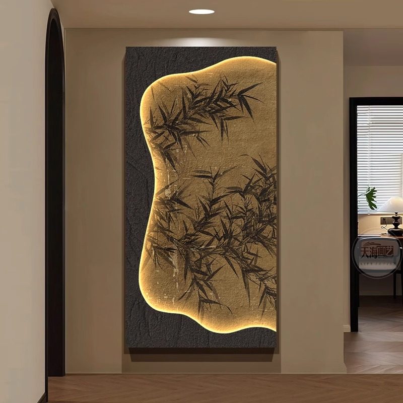 中古风带灯玄关装饰画法式复古入户门走廊过道挂画高级感竹子壁画图片