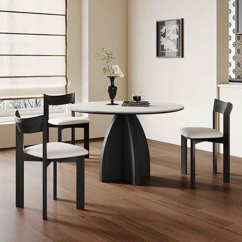 复古实木岩板餐桌202新款小户型圆形洽谈桌意式极简纯白岩板圆桌