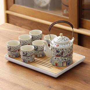 国潮风提梁壶茶具套装陶瓷斗彩整套小桥壶茶杯带过滤网家用泡茶壶