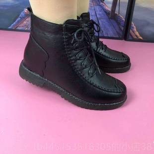 正品妈棉鞋真软皮牛筋鞋底中老年女短靴平跟厚底冬季妈加绒加厚棉