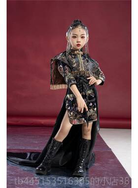 正品走国潮女童坎旗袍拖尾中国风模特秀童装T时台装霸气黑色礼肩